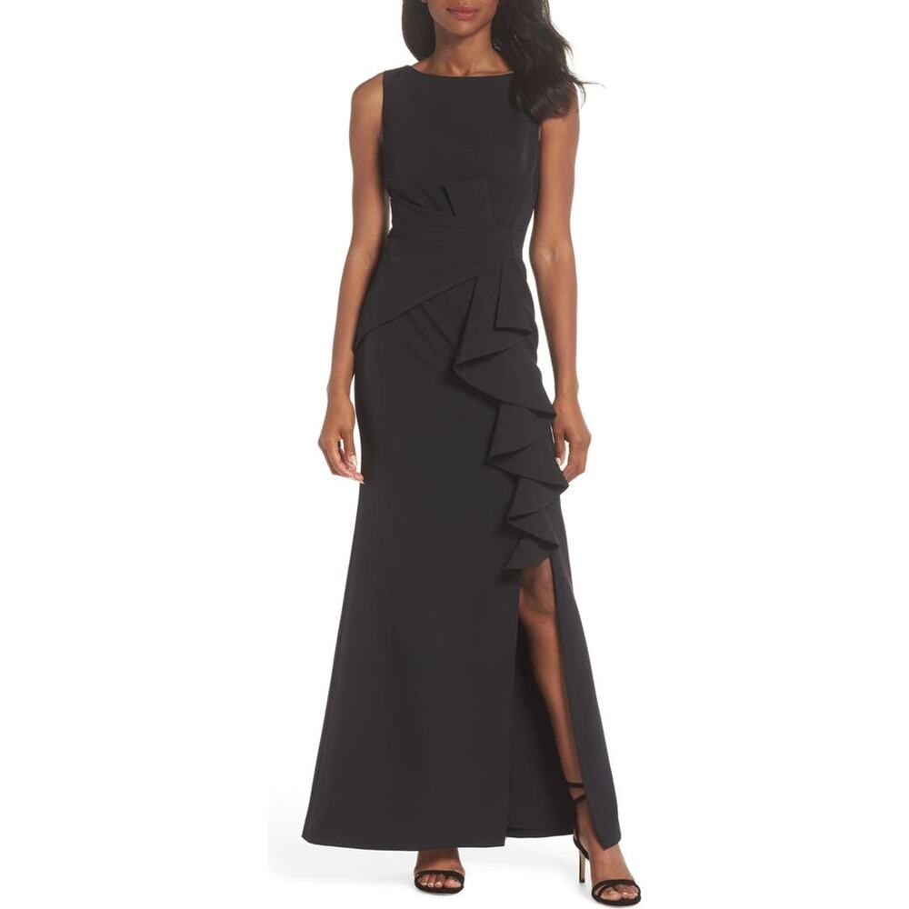 Eliza J Ruffle Front Gown Women's 4 Black Sleeveless Maxi Slit Bateau Neck NWOT
